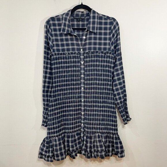 New Veronica Beard Kelsey Smocked Plaid Mini Shirtdress Navy White sz 6 $448 - Picture 4 of 9